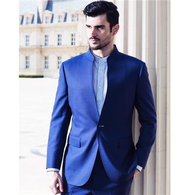 意大利进口面料玛佐尼 宝蓝色改良版中式立领西服套装